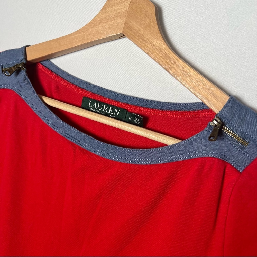 Lauren Ralph Lauren 90s Y2K Chambray Trim Zip Shoulder Short Sleeve Top Red Med - Picture 3 of 7